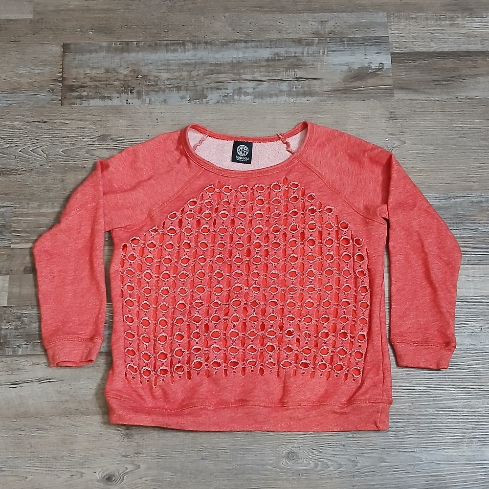Bobeau Sweatshirt Women Small Coral Laser Cut Lattice Front Raglan Pullover